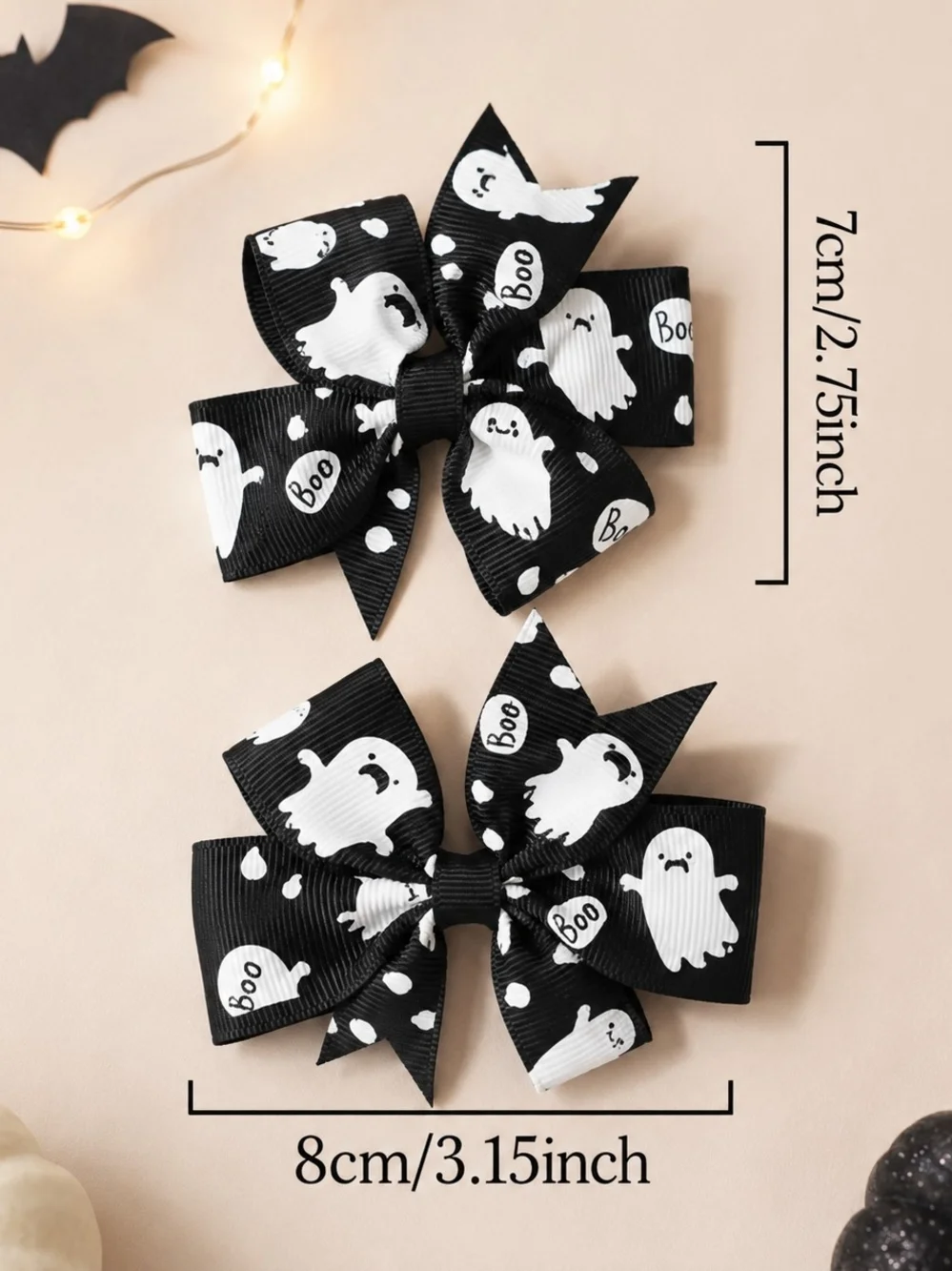 2 Pack Halloween Ghost Hair Bows Black White Boo Grosgrain Girls Hair Clips